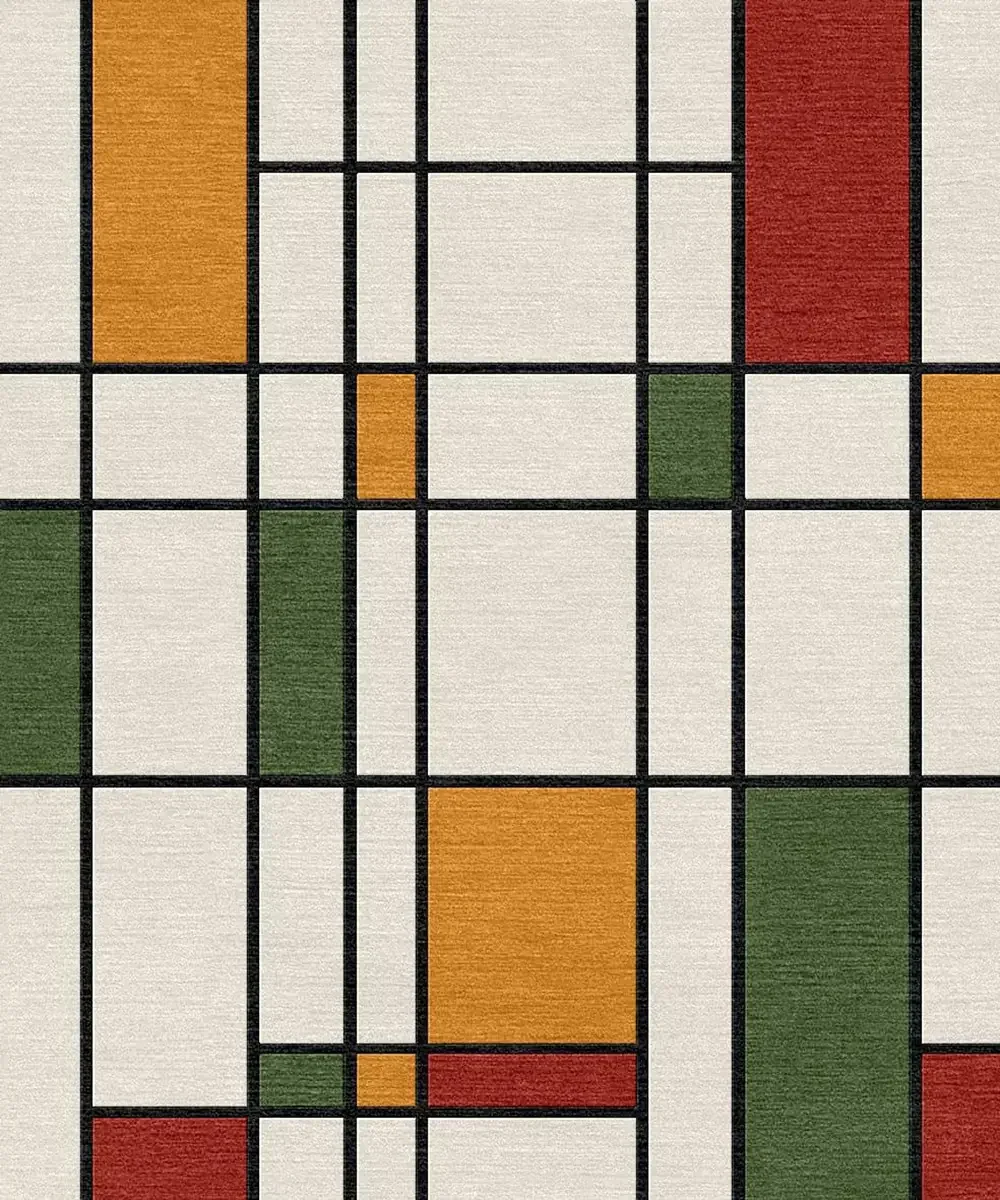 A geometric abstract design with black grid lines, filled with squares and rectangles in white, orange, red, and green.