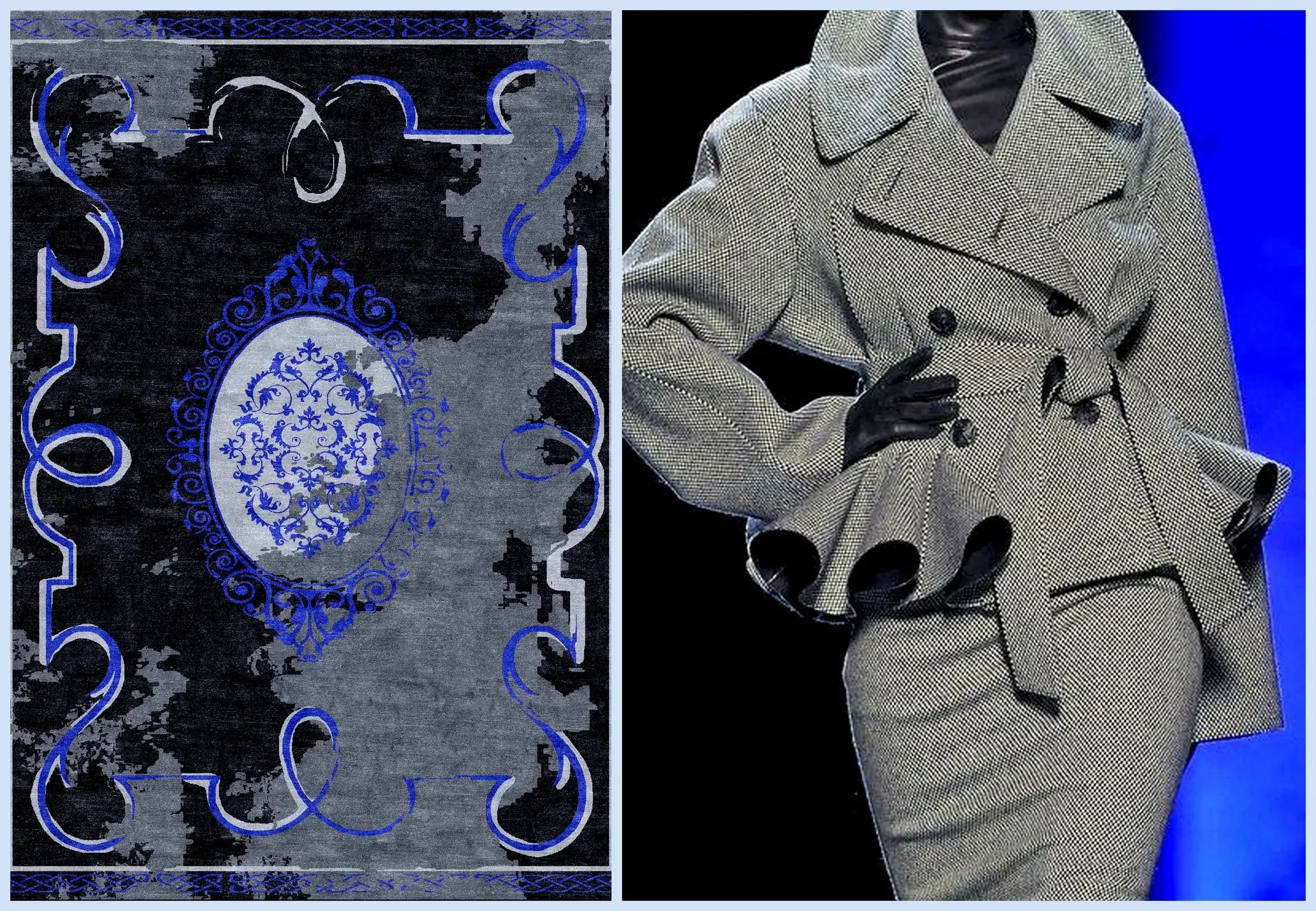 Une œuvre d'art abstraite à gauche avec des motifs en bleu et noir, et une personne portant un manteau à carreaux avec des gants noirs à droite.