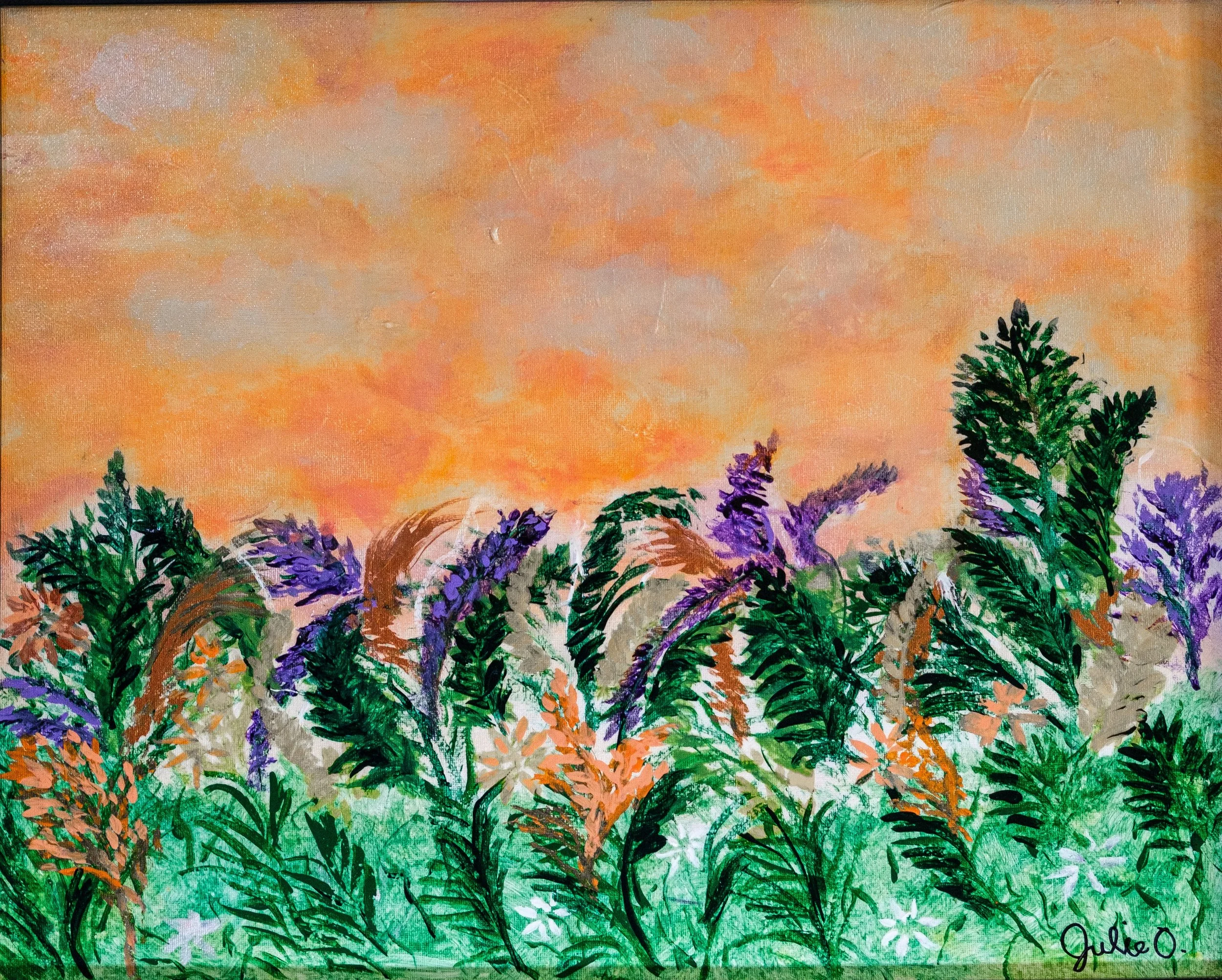 A colorful painting of a field of purple, orange, and white flowers with a sunset sky in shades of orange and pink in the background.