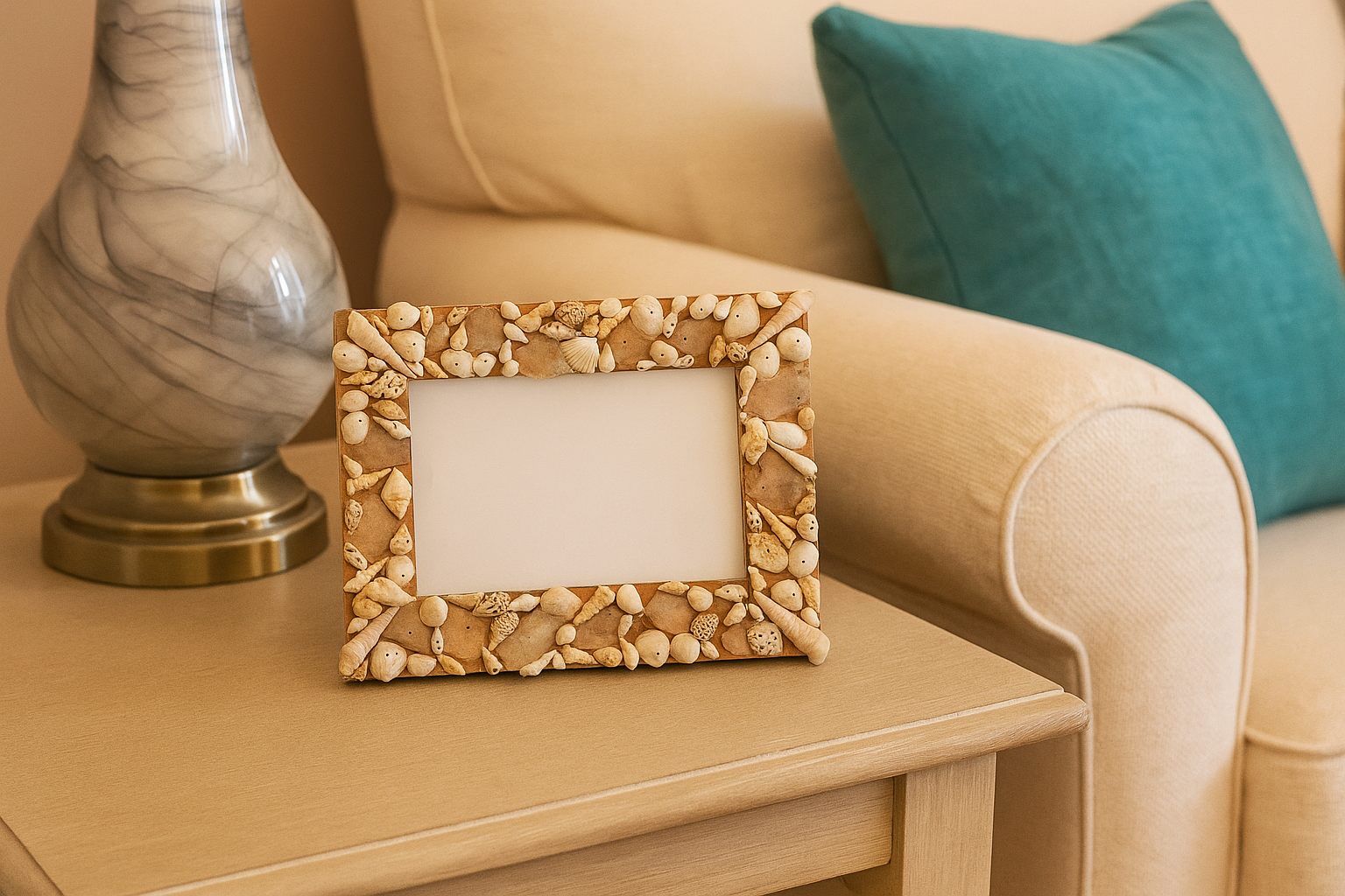 Capture the essence of the ocean's serenity with this exquisite Sea Shell Decorated Photo Frame, perfect for beach lovers and coastal decor enthusiasts.  Handcrafted with natural sea shells for an aut