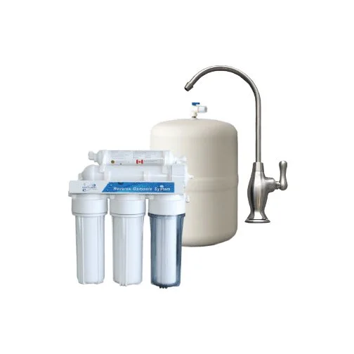 A reverse osmosis water filtration system with multiple filter cylinders, a large white storage tank, and a faucet.