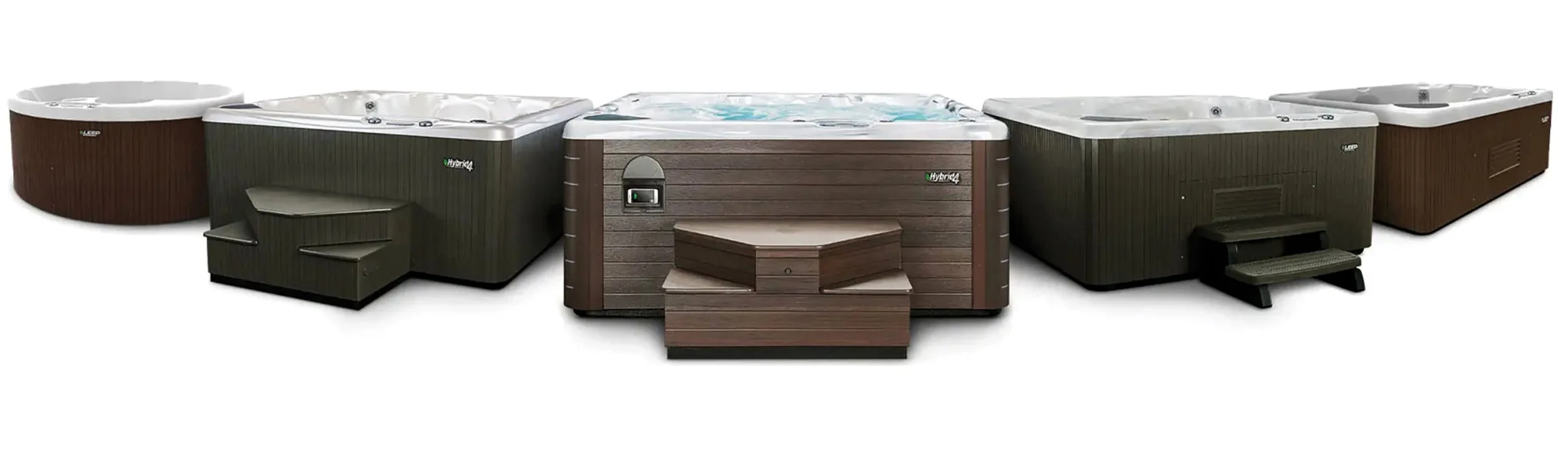 Various hot tubs with different designs and sizes, some with steps or built-in seating.