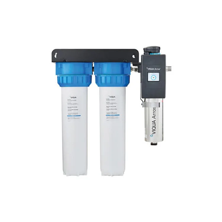 A multi-stage water filtration system with two white filter housings, blue caps, and a black control unit on the right, branded with 'VQUA Alto'.