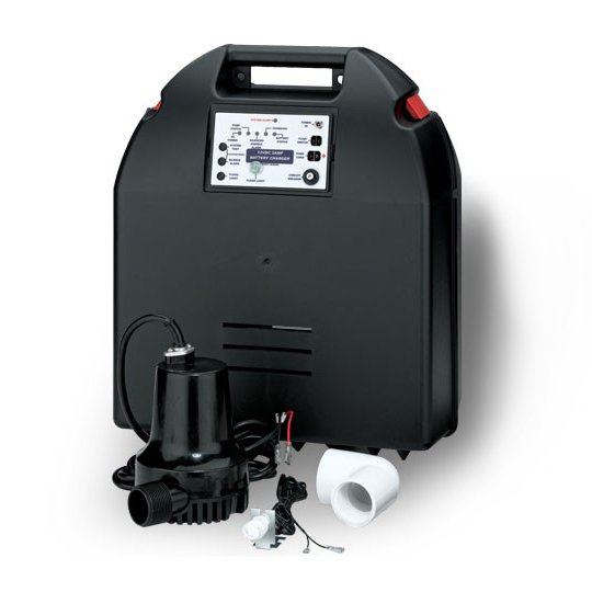 A black portable water pump with electronic controls, along with a small black fountain or filter, a power cord, and a roll of toilet paper placed in front of it.
