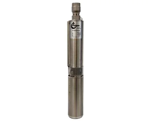 Stainless steel submersible water pump with a cylindrical body and a top handle.