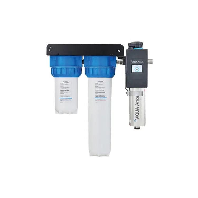 Reverse osmosis water filtration system with multiple filter chambers and a digital control panel.