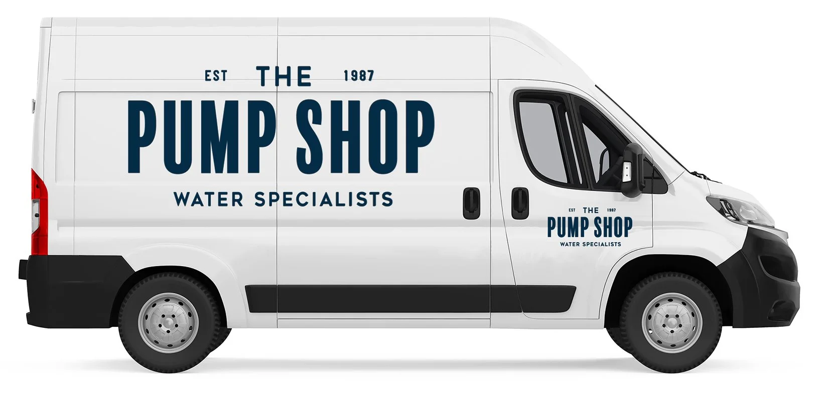 White van with black and blue text that reads "The Pump Shop Water Specialists" and "Est 1987" on the side and front.
