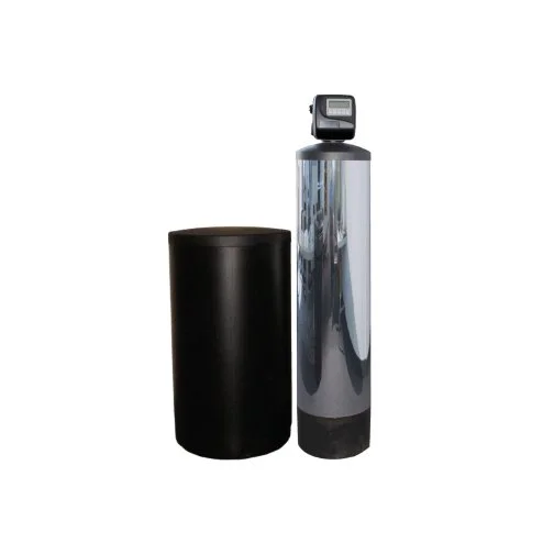 Water softener with a digital control head and a black brine tank.