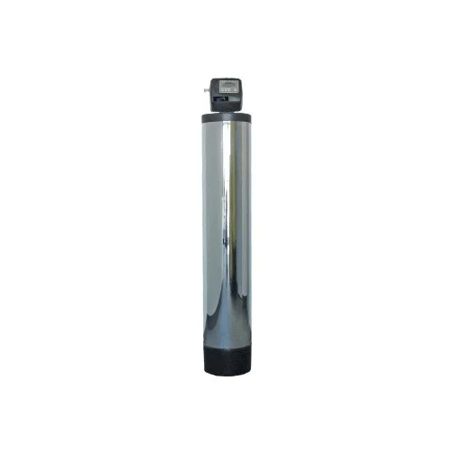 A tall, cylindrical water softener or filtration device with a digital control panel at the top.