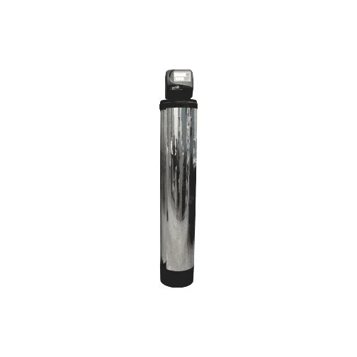 A water softener or filtration device with a tall, cylindrical metal body and digital control panel on top.