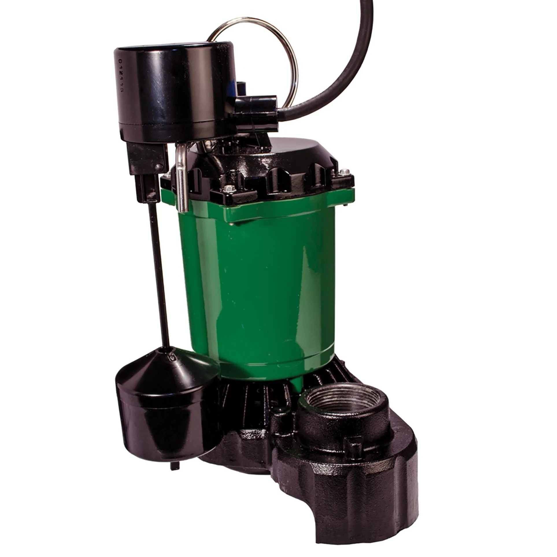 A green and black electric water pump with a handle, a power cord, and a black outlet for connecting hoses.