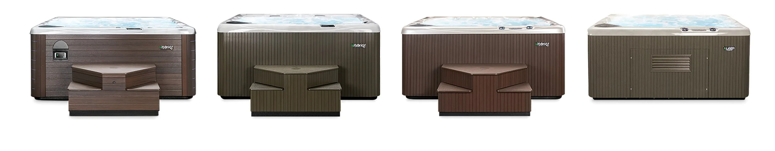 Four outdoor hot tubs with wooden panels, each with a different color, showing steps in front of their entrances.