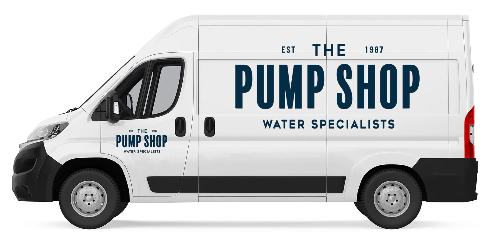 White delivery van with blue lettering advertising The Pump Shop, water specialists, established 1987.