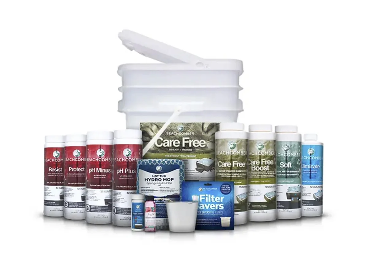 Collection of pool maintenance products including water treatment chemicals, filters, a hydro mop, and a storage container.