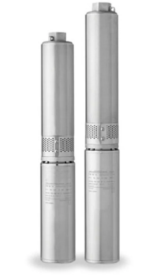 Two cylindrical electric water pumps, one shorter and one taller, with ventilation holes near the top.
