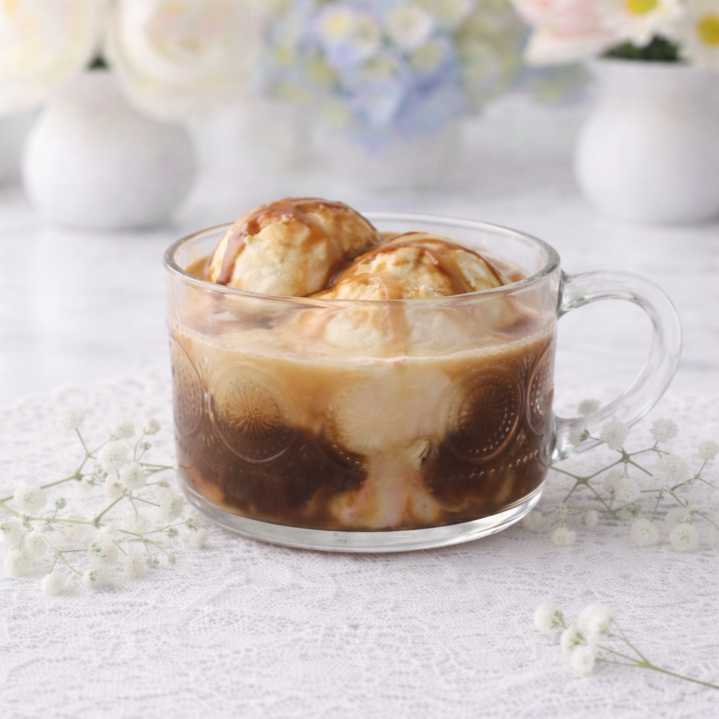 Two scoops of vanilla ice cream in a clear glass mug topped with caramel sauce, with a background of white vases and a lace tablecloth decorated with small white flowers.