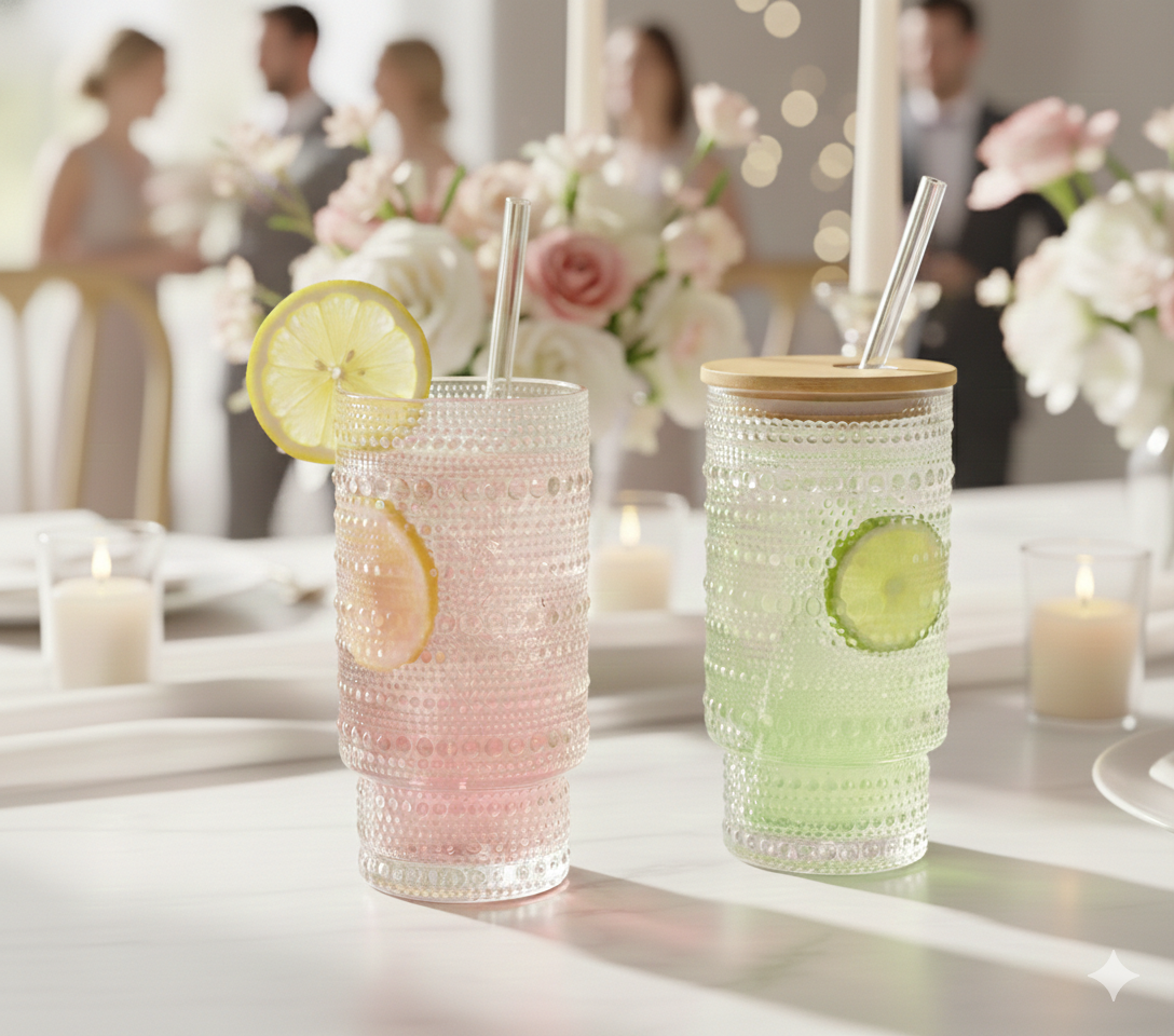 Two textured glasses with straws, one with lemon slices and the other with cucumber slices, on a white table with candles and floral arrangements in the background at a wedding reception.