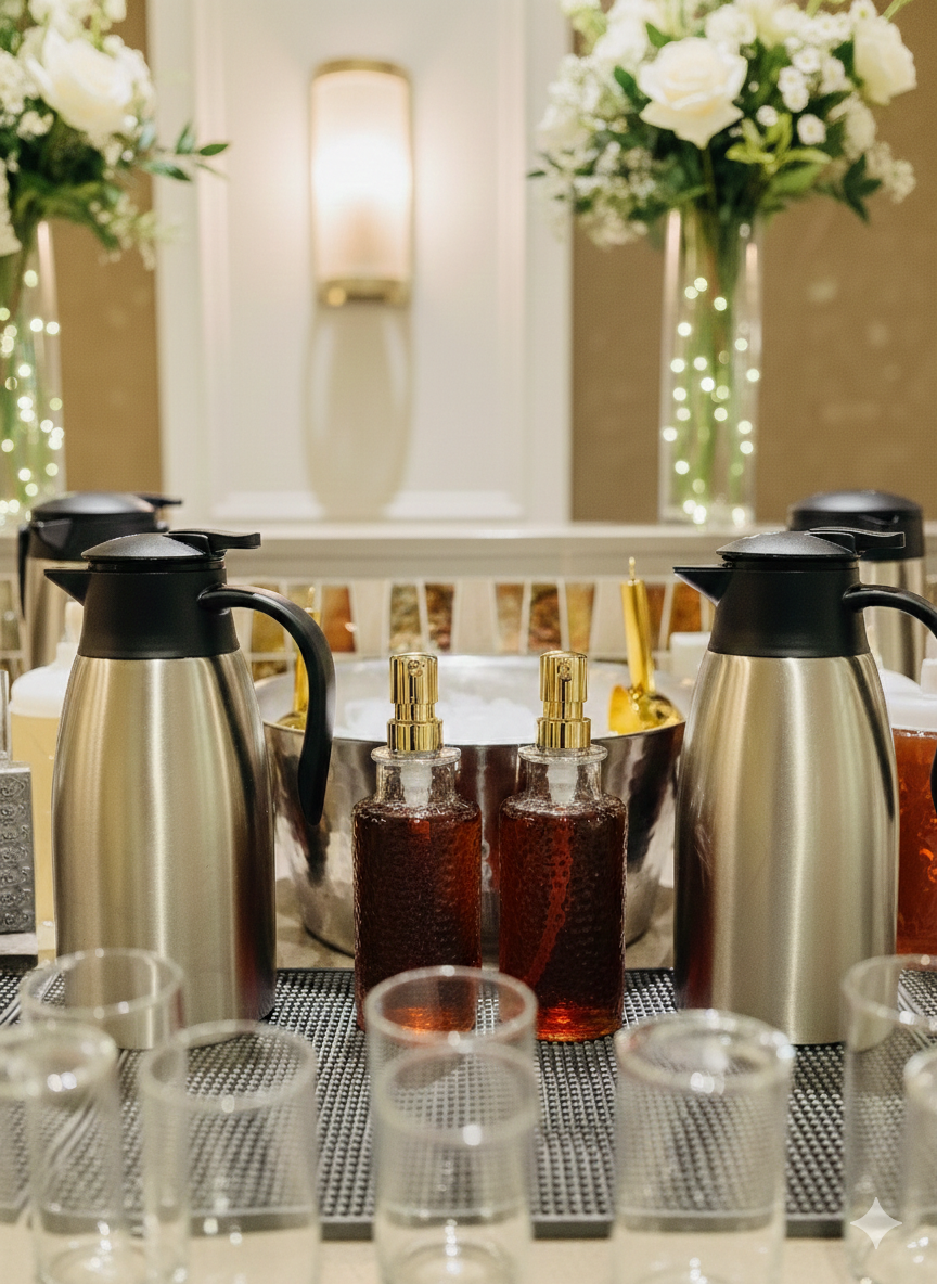 Beverage station with two silver thermal carafes, two dispensers with coffee syrups, surrounded by empty glasses.