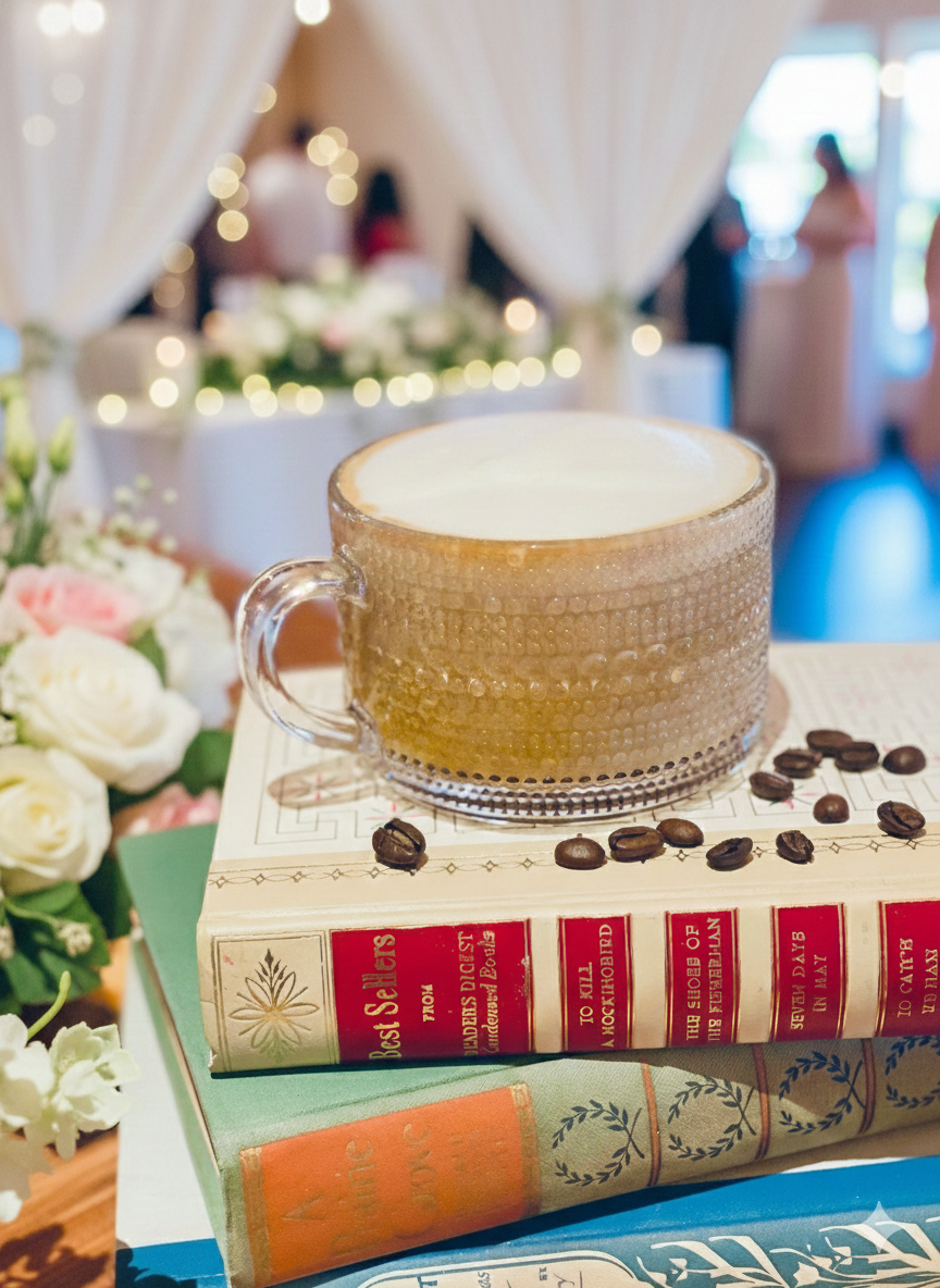 A glass mug filled with a layered coffee drink, placed on top of two stacked books, with coffee beans scattered around. The background shows a blurred, well-lit indoor setting with people and floral decorations.