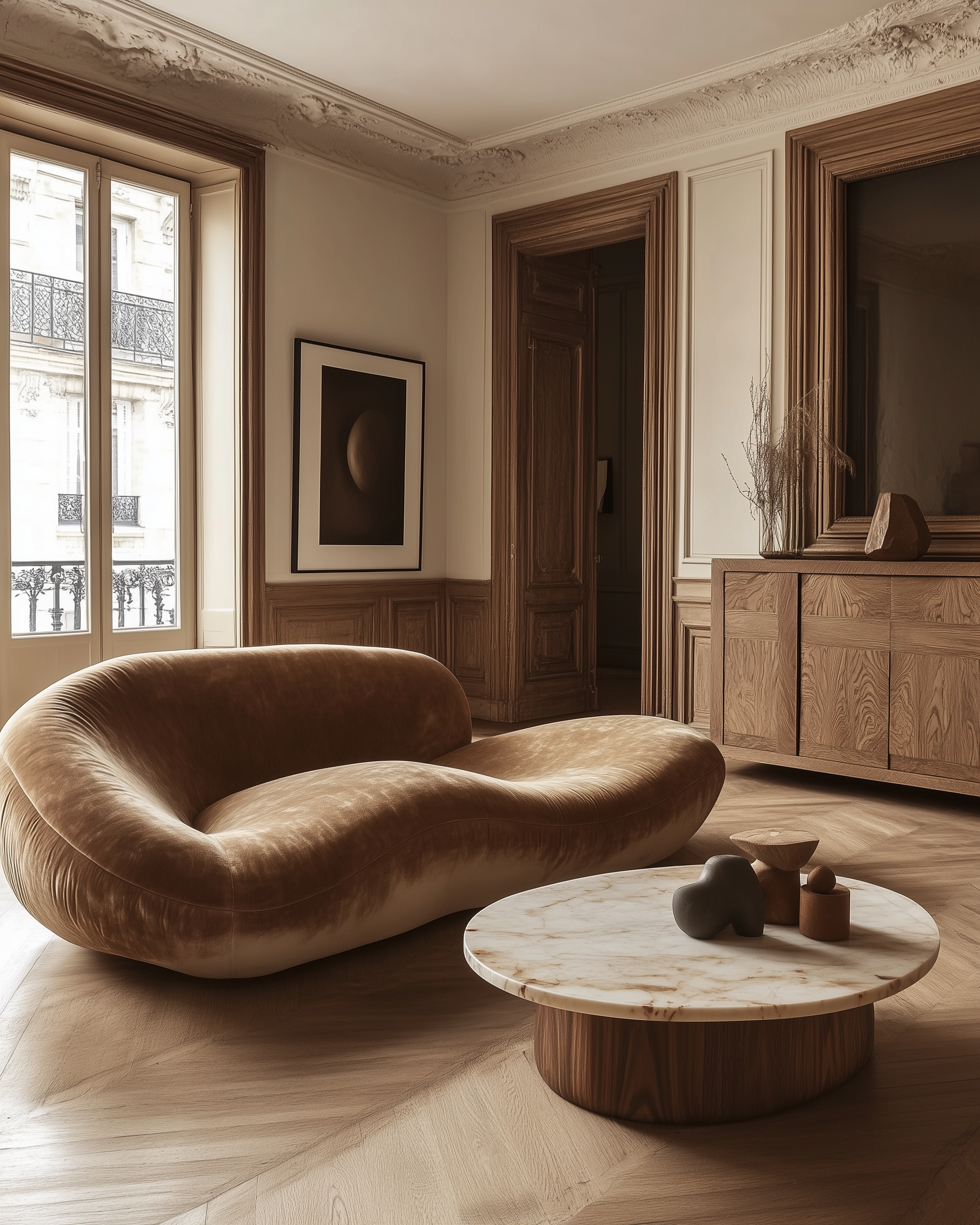 Elegant living room with a beige velvet sofa, a round marble coffee table with three small decorative objects, wooden paneling, and a large window with natural light.