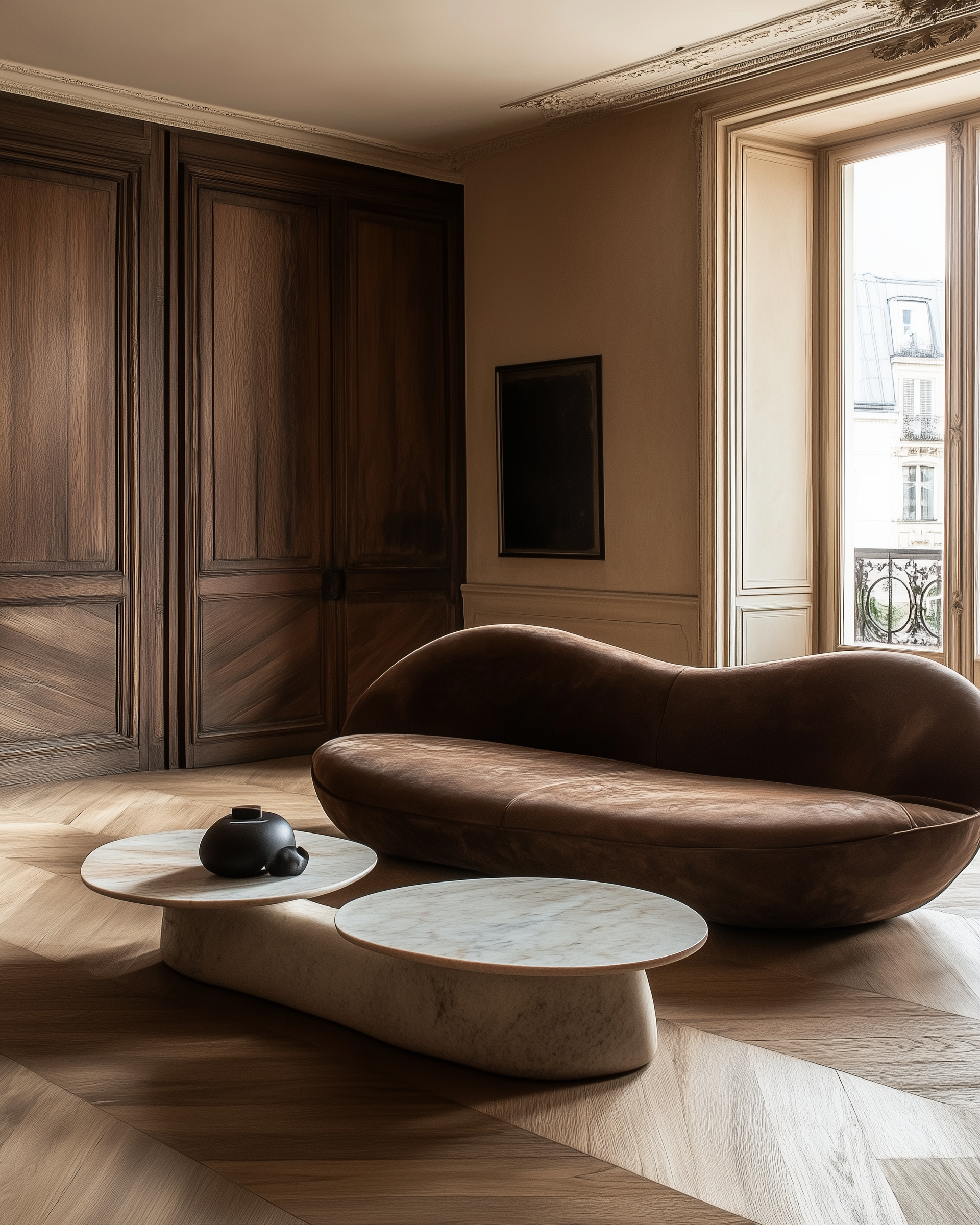 A living room with a brown leather sofa, two oval marble-topped coffee tables, a black vase, wooden floors, large window with balcony, and wood-paneled walls.