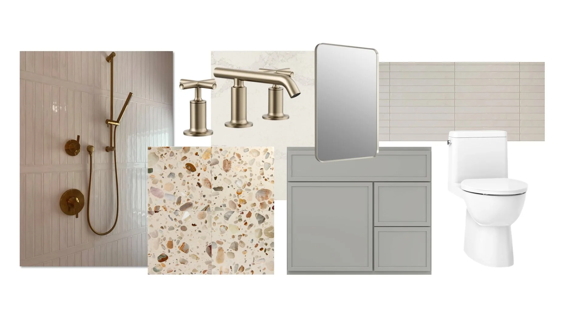 Collage of bathroom elements including a shower with gold fixtures, a terrazzo tile, a silver faucet, a mirror, a gray bathroom vanity, a beige tiled wall, and a white toilet.