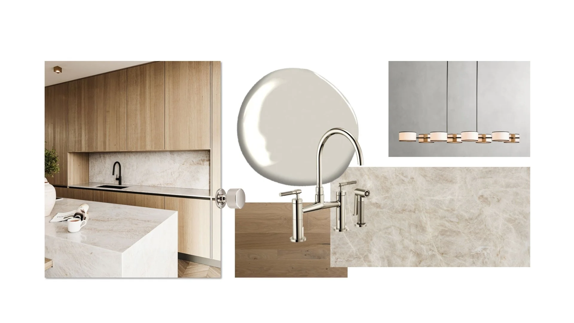 Design mood board with kitchen and bathroom materials and fixtures. Includes a wooden kitchen cabinet, white marble countertop, black sink faucet, modern wall light fixture, large oval mirror, and various natural stone and wood samples.