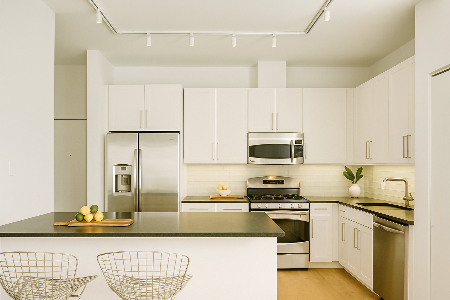 Modern kitchen with white cabinets, stainless steel appliances, black countertops, and a small kitchen island with limes and lemons on a wooden tray.