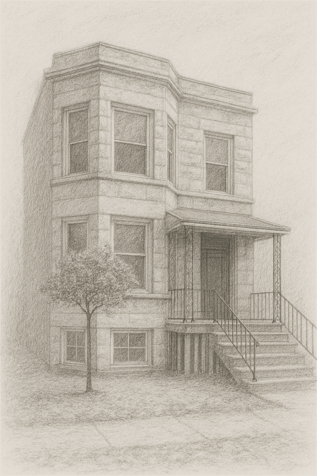 A pencil sketch of a two-story residential building with a small front porch, staircase, and tree in the front yard.