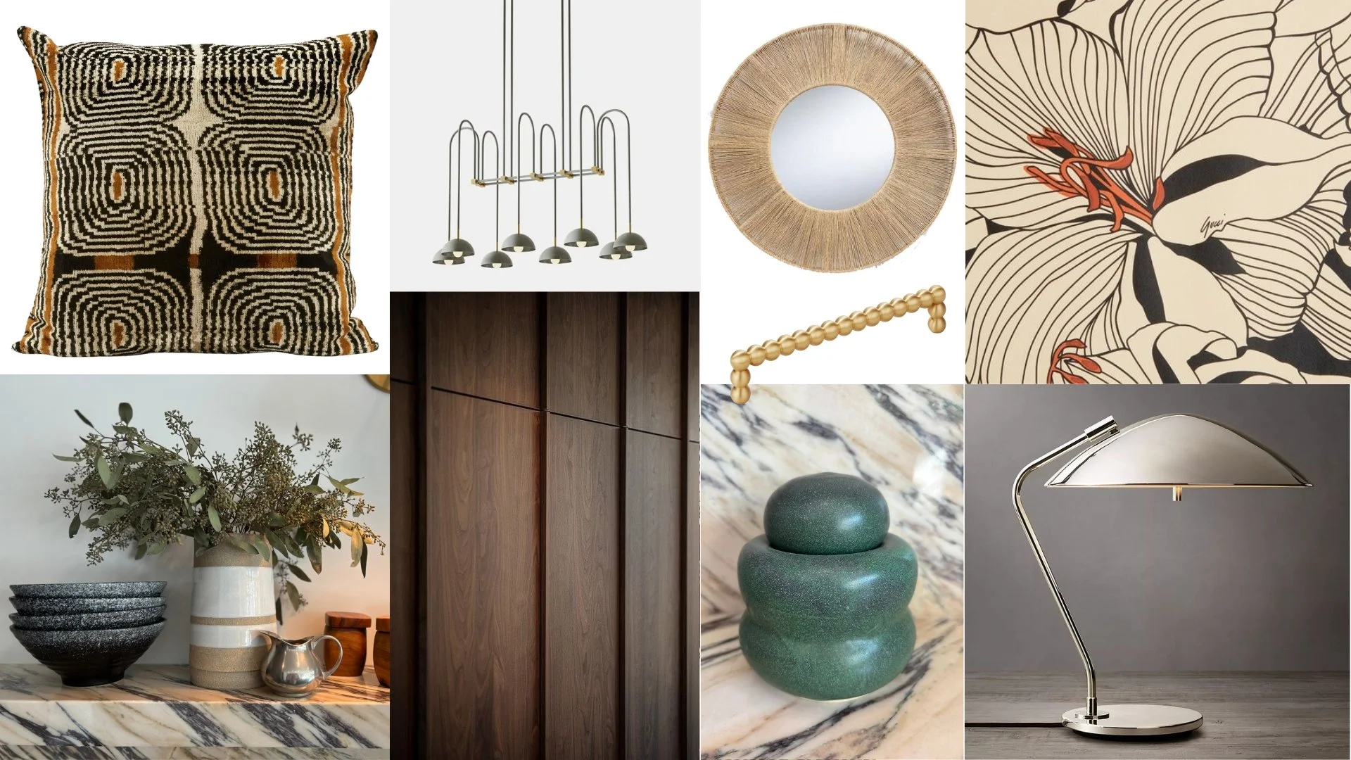 Collage of interior decor items including a patterned throw pillow, a modern hanging light fixture, a round woven wall mirror, a graphic floral wallpaper, a vase with foliage, a wooden door, stacked black bowls, a green layered sculpture, a gold bead-like sculpture, and a sleek silver desk lamp.