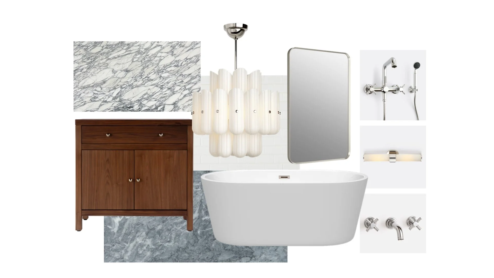 Decorative bathroom with a floating bathtub, modern wall-mounted faucet, mirror, marble and wood accents, and a chandelier