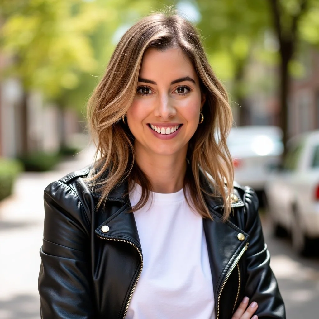 A young woman with light brown hair, smiling, wearing a black leather jacket and a white t-shirt, standing outdoors on a sunny day with blurred trees and cars in the background.