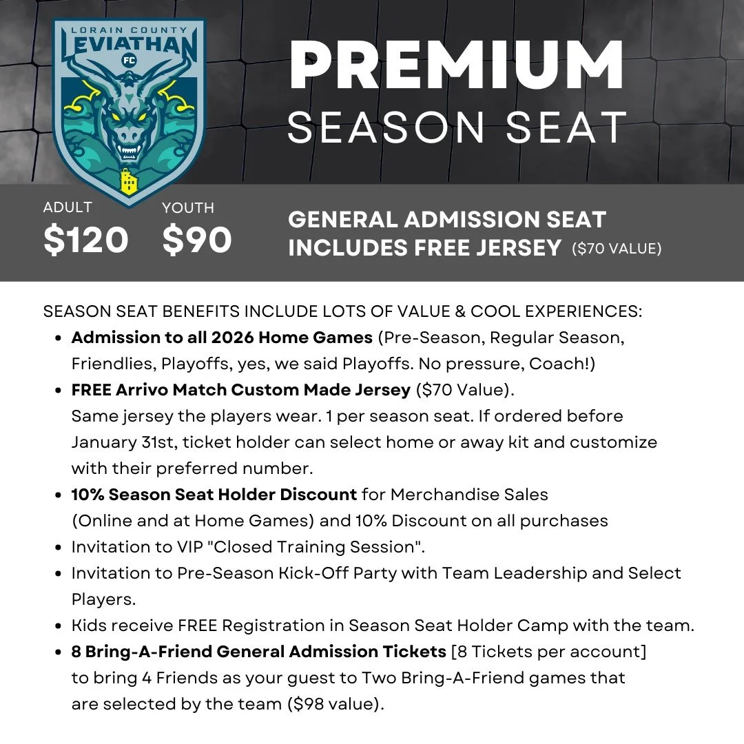 Premium season seat ticket for Lorain County 2026 USL 2 soccer, with general admission seating, includes a free jersey valued at $85, priced at $120 for adults and $90 for youth.