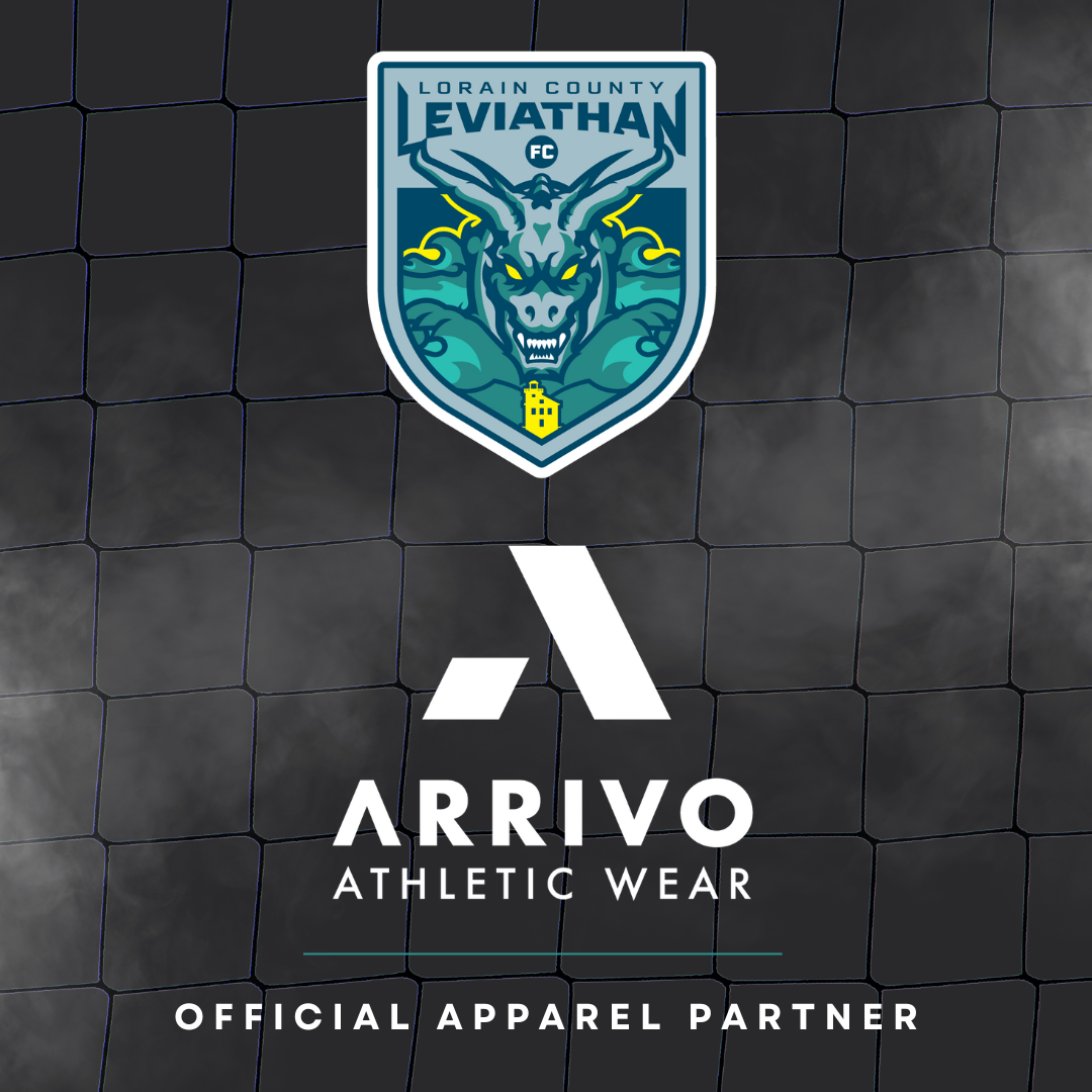 Logo of Lorain County Leviathan FC at Arrivo Athletic Wear, with a dragon emblem above the text 'Official Apparel Partner' on a black tiled background.