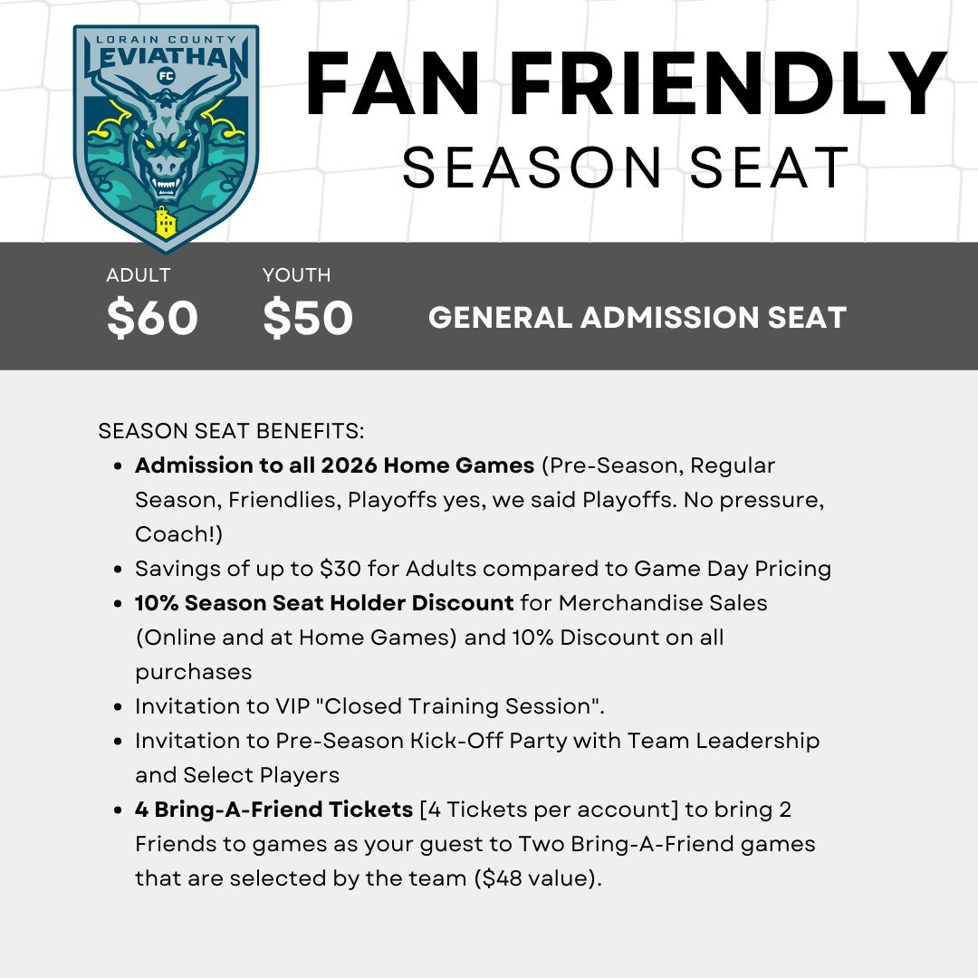 Ticket for the 2026 Lorain County fan-friendly season seat, with prices $60 for adults and $50 for youth, and general admission seating information.
