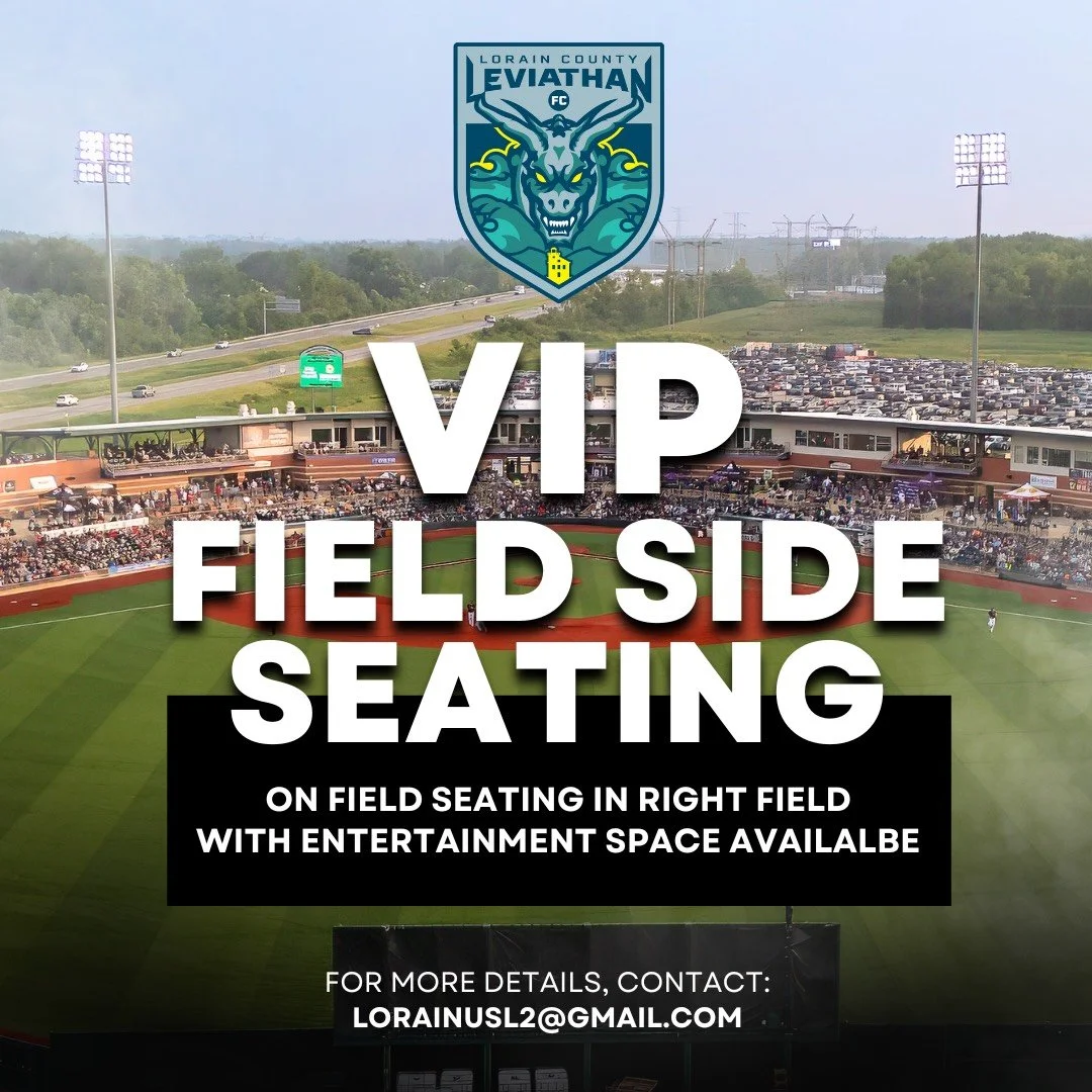 Advertisement for VIP field side seating at a baseball stadium in Lorain County, Ohio, with an empty field and stadium seats, contact email for more details.