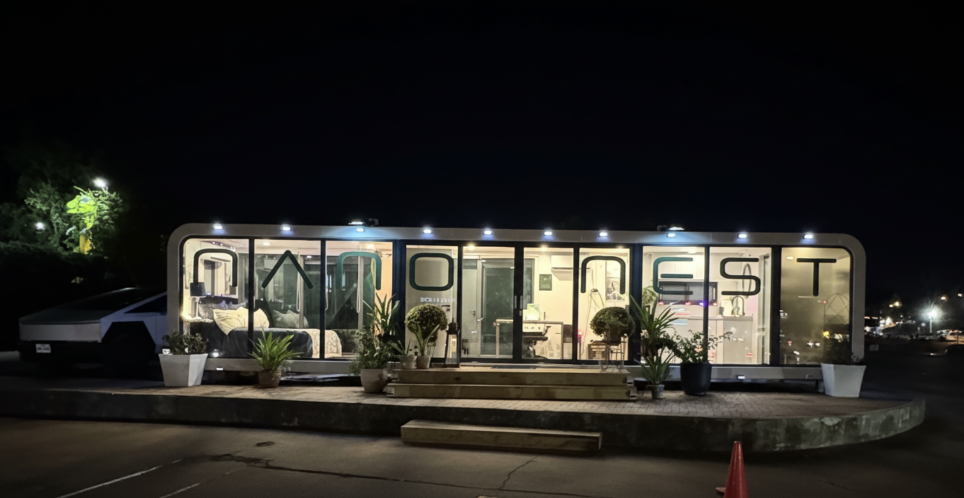Night view of a modern, illuminated building with large glass windows, plants outside, and the word "LOUNGE" spelled out in illuminated letters.