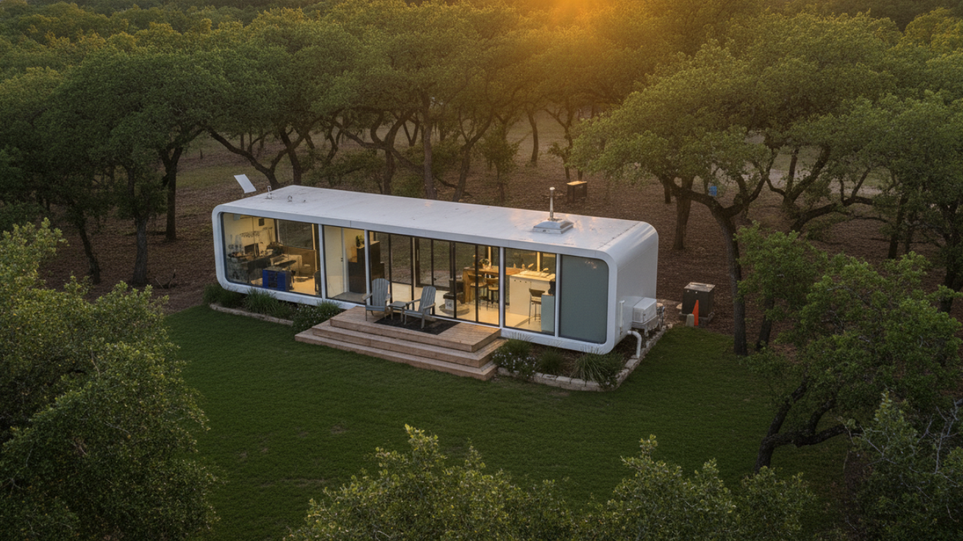 A tiny modern house with large glass windows surrounded by green trees at sunset.