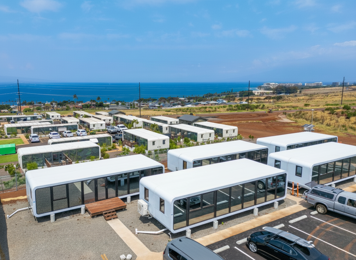 Aerial view of a tiny home community with white modular homes, parked cars, and a view of the coastline in the background.