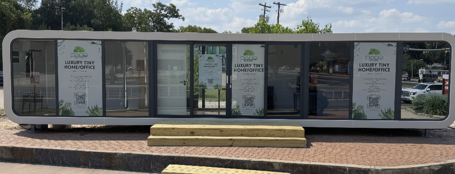 Small modern tiny home or office with glass doors and windows, placed on a brick-paved surface with steps, surrounded by trees and parked vehicles in background.
