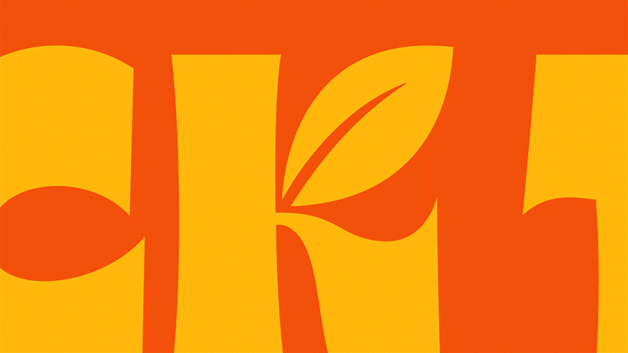 Close-up of stylized yellow text with a leaf design on an orange background.