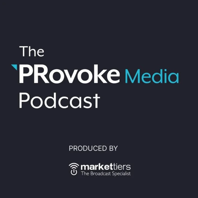 Graphic for The Provoke Media Podcast produced by Markettiers, featuring a dark background with white and blue text.