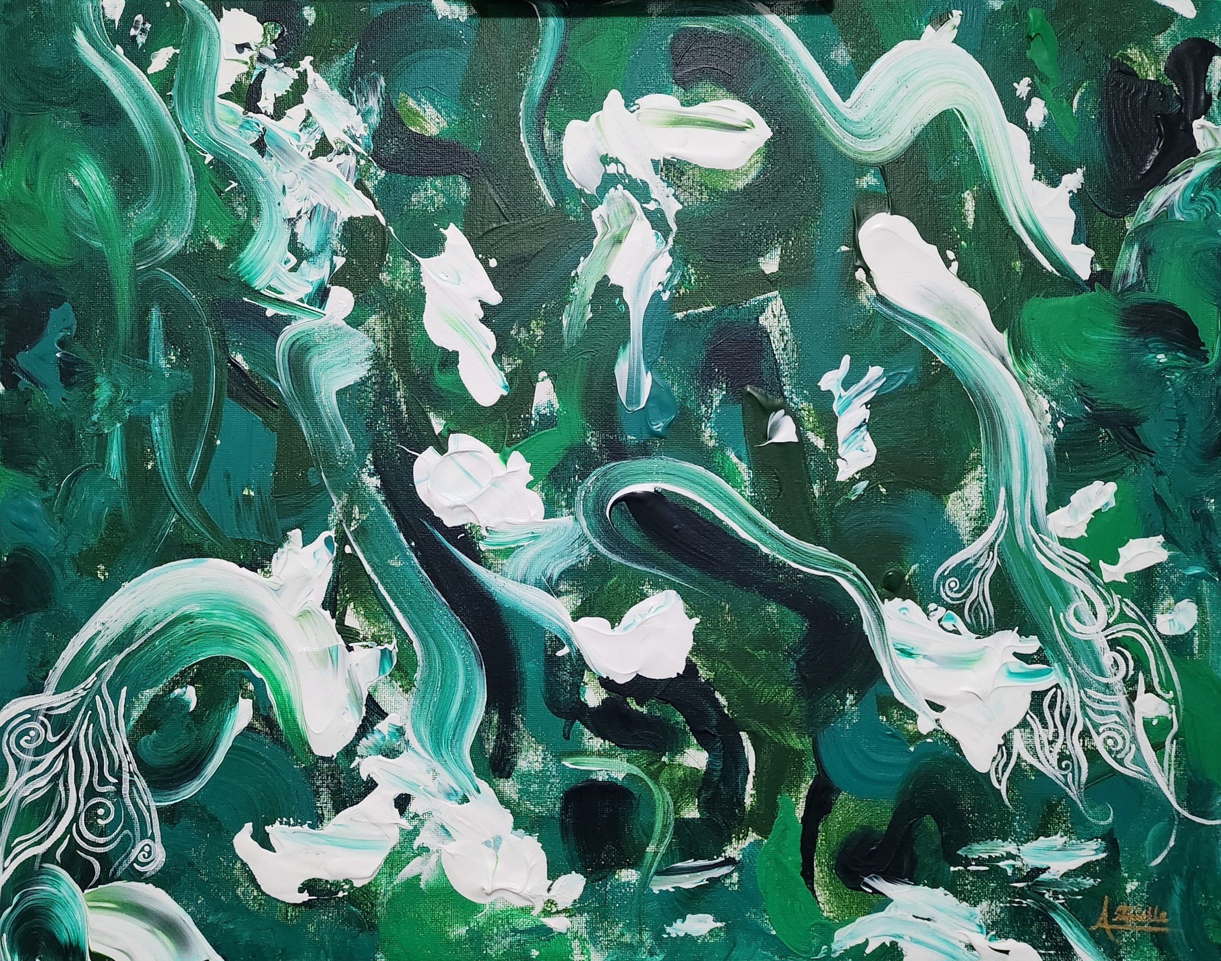Abstract painting with green, white, and black swirling strokes, featuring intricate white line designs on the bottom left and right corners.