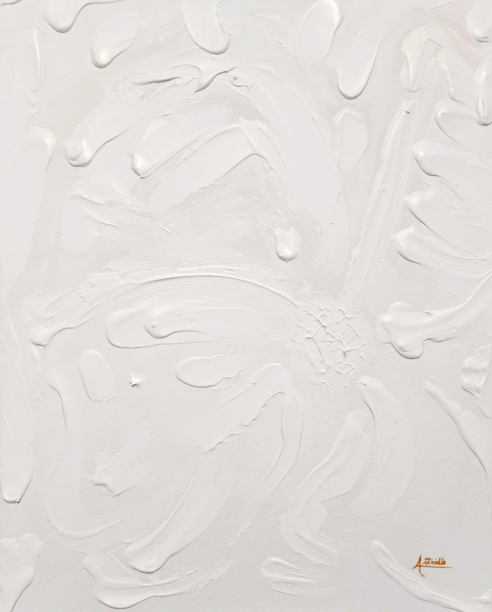 Abstract white textured painting with swirling patterns and a small signature in the bottom right corner.