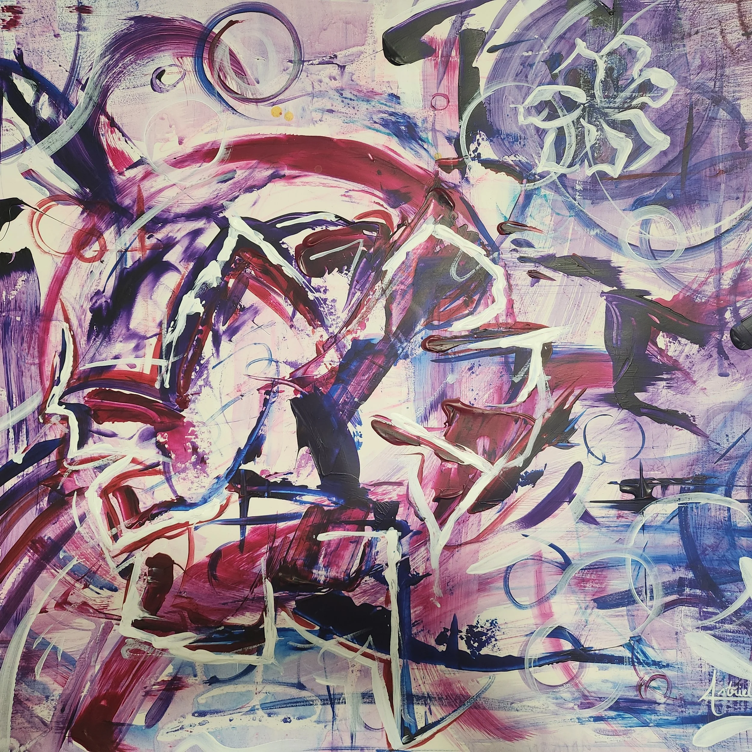 Abstract painting with dynamic brushstrokes in purple, pink, white, and black, featuring swirling lines and geometric shapes.