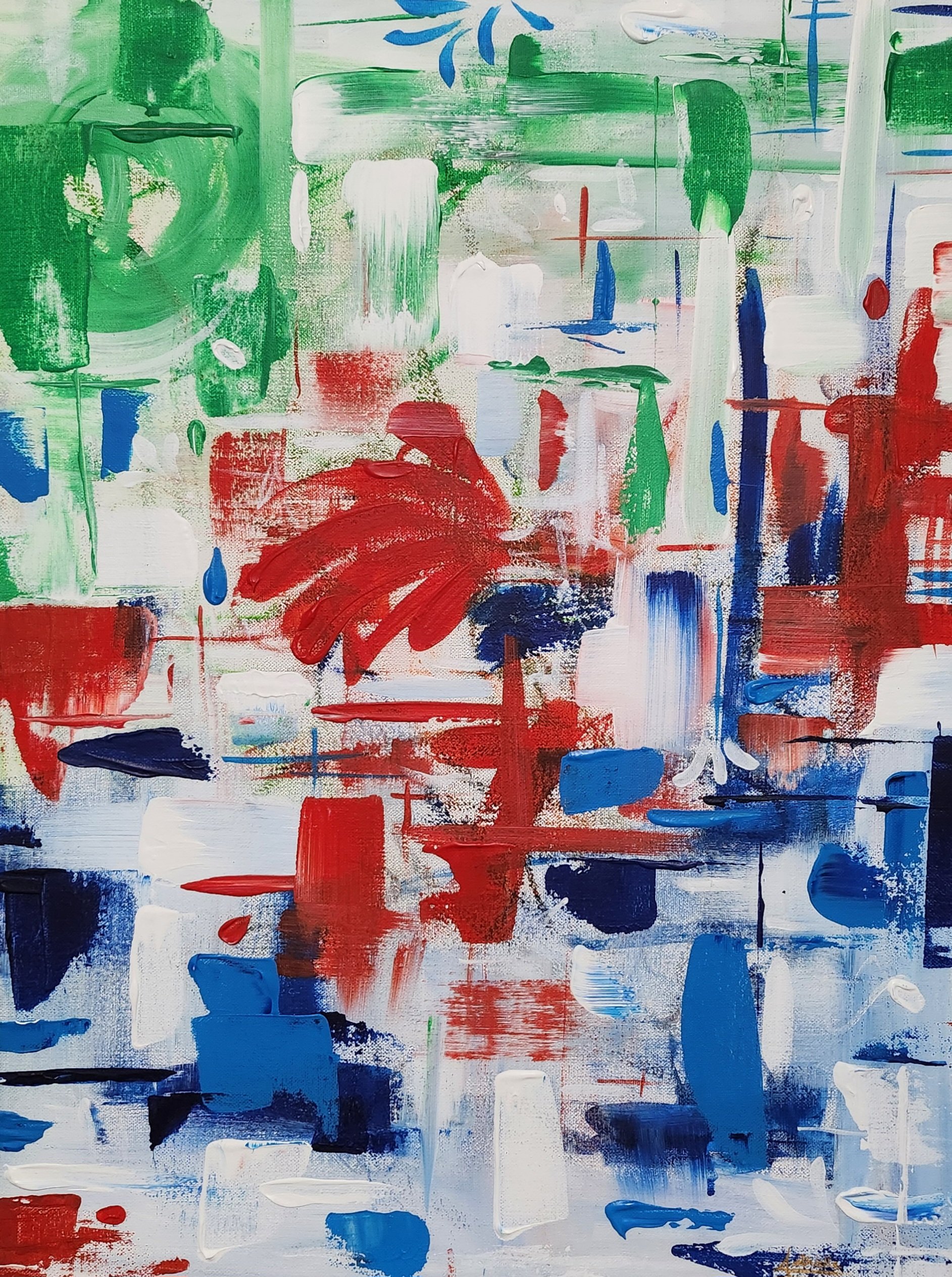 Abstract painting with red, blue, green, and white brush strokes and splashes.