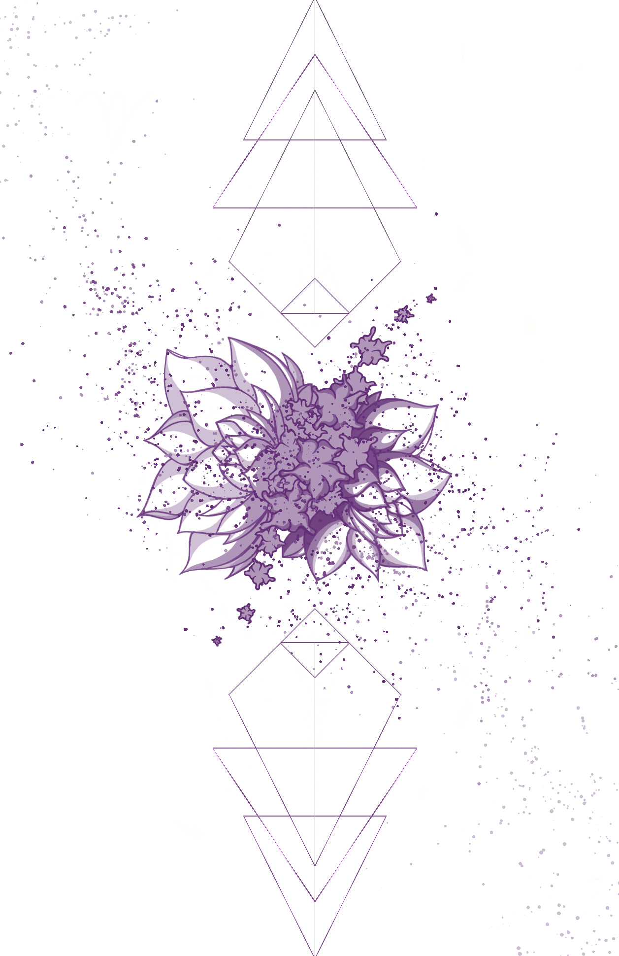 A purple flower with detailed petals and leaves, surrounded by scattered purple ink splatters, with geometric triangle and diamond outlines above and below the flower.