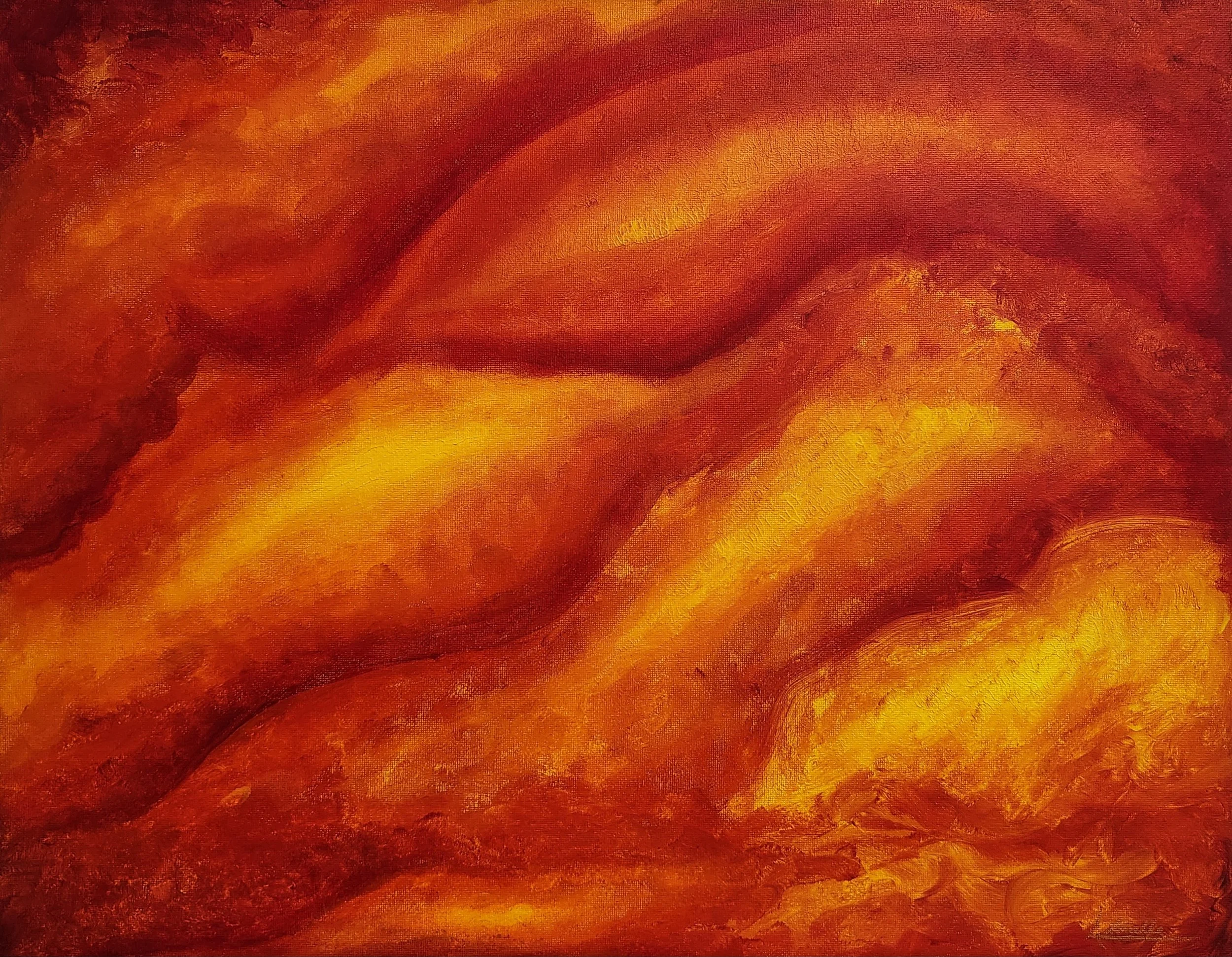 An abstract painting with warm tones of red, orange, and yellow, resembling flowing or swirling forms.