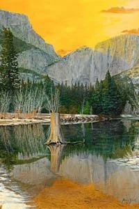 Painted landscape of a mountain lake at sunset with trees and cliffs reflected in the water.