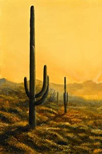 Painting of a desert landscape with several saguaro cacti against a yellow-orange sky.